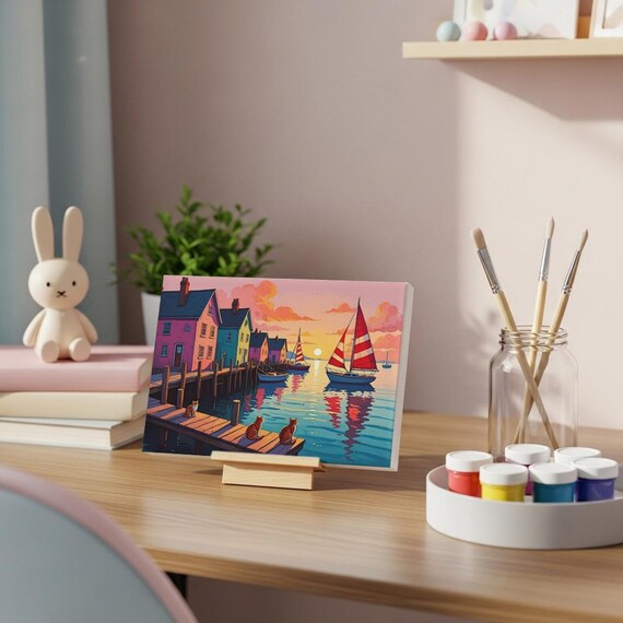 Sunset Harbor Paint by Numbers Kit Sailboats Cats Pier Seaside Poster
