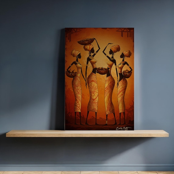 African Women Baskets Sunset Golden Silhouette Cultural Art Poster