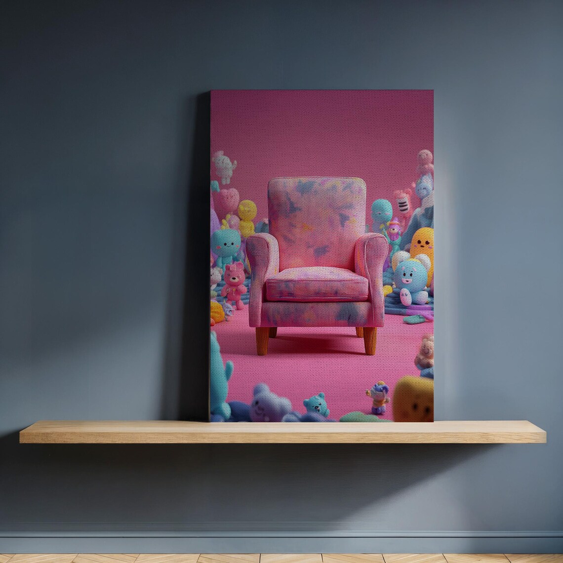 Pink Armchair Toy Bears Playful 3D Surreal Whimsical Kids Canvas Print