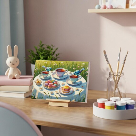 Tea Party in Garden Paint by Numbers Kit Bluebirds Teacups Poster