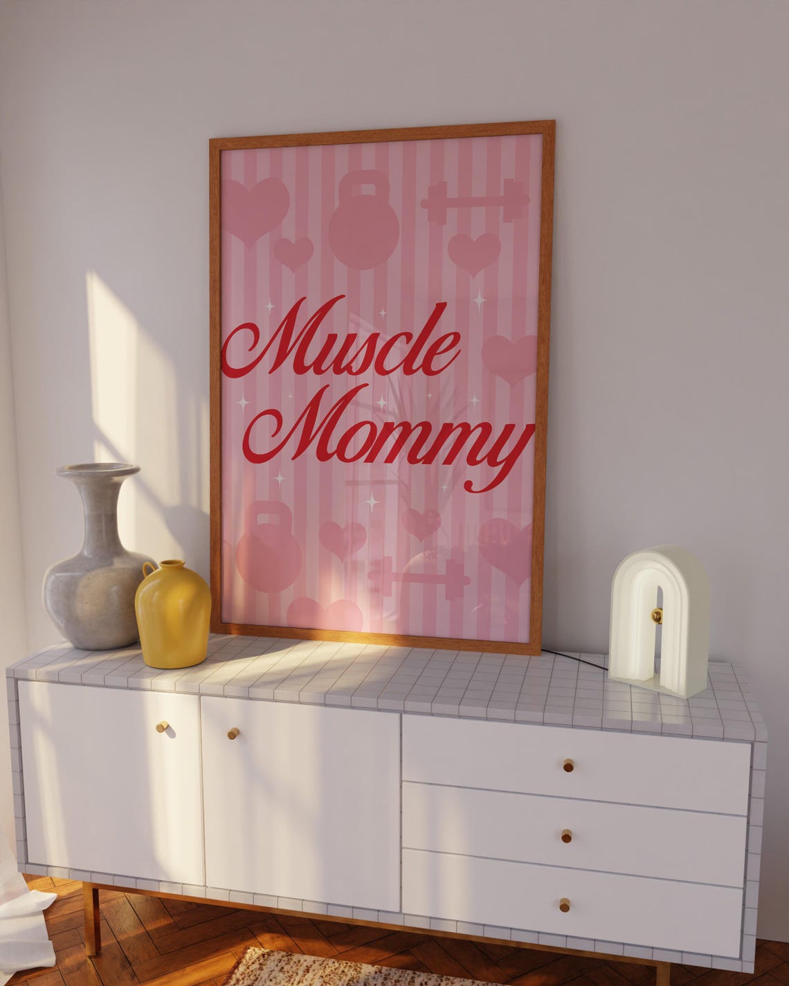 Muscle Mommy Red Script Pink Striped Gym Girl Wall Art Poster - Image 2