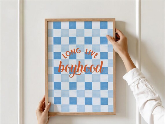 Blue Long Live Boyhood Wall Art Checkered Boys Room Decor Kids Quote For Nursery Or Playroom