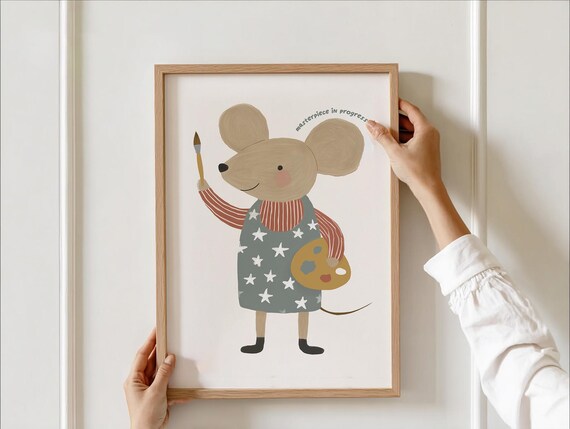 Artist Mouse Nursery Wall Art Masterpiece In Progress Quote Poster Whimsical Animal Kids Room Decor Vintage Painter