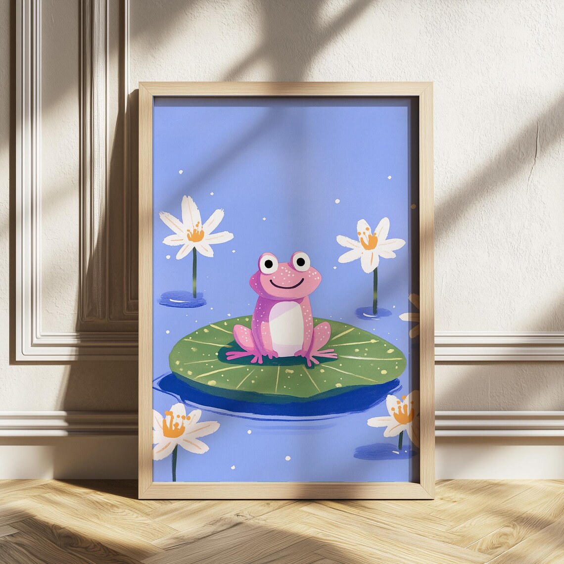 Cute Pink Frog on Lily Pad Storybook Nursery Poster for Kids