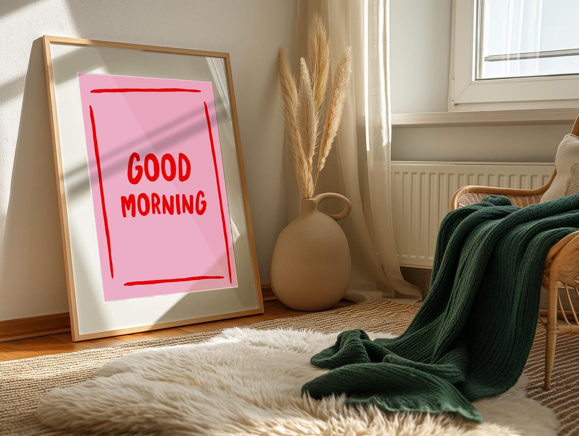 Good Morning Cheerful Bright Pink Retro Sunrise Quote Wall Art