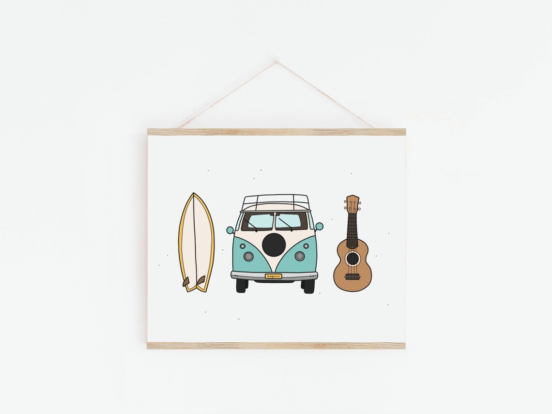 Surfboard Ukulele Camper Van Vintage Travel Poster - Image 2