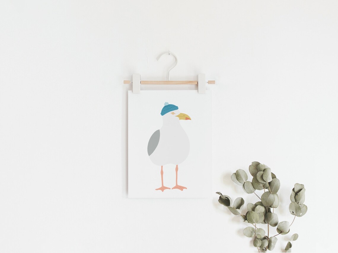 Seagull With Blue Beanie, Coastal Art Print - Image 2