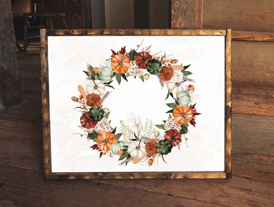 Autumn Pumpkin Wreath Watercolor Fall Harvest Botanical Front Door Poster - Image 2