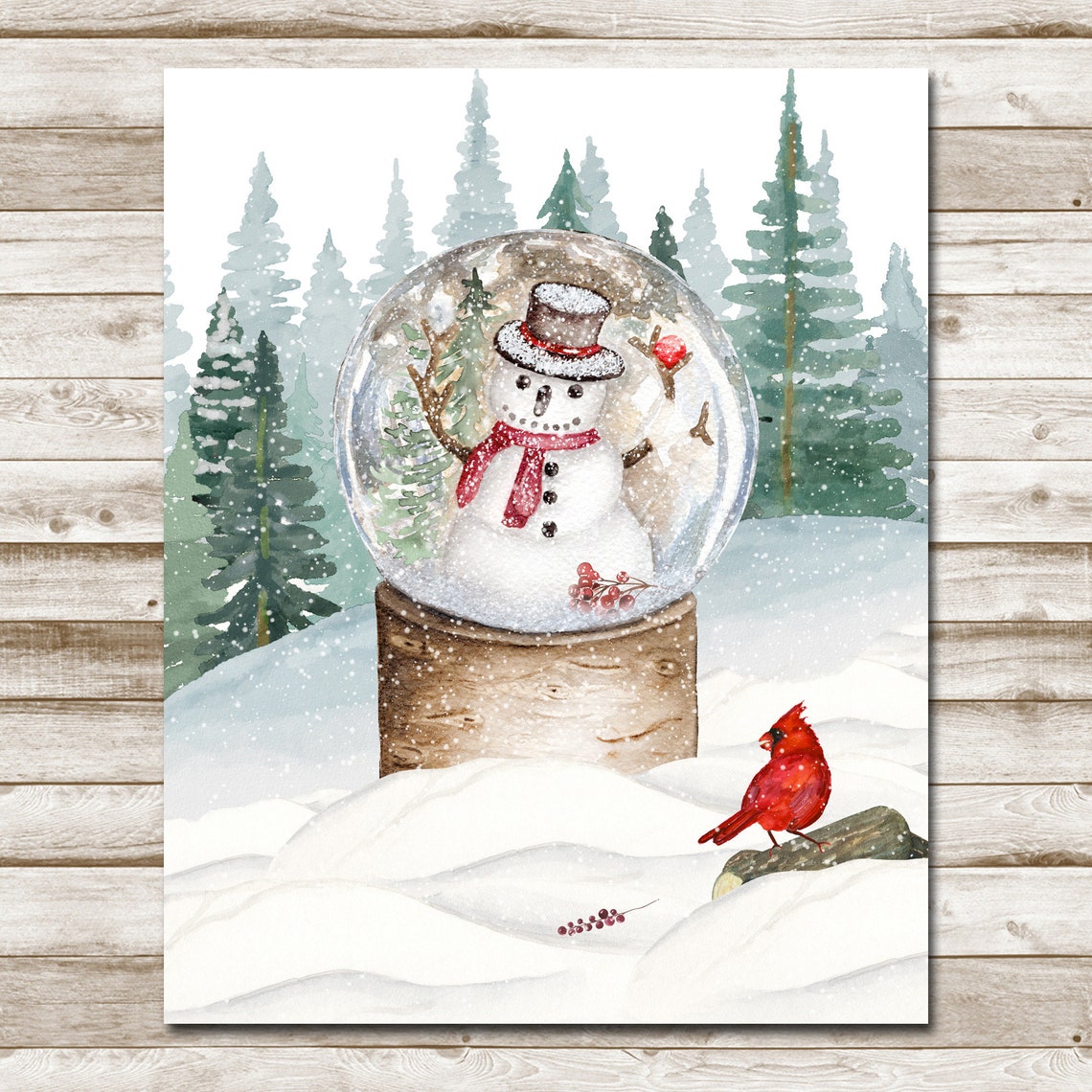 Snowman Snow Globe Winter Forest Red Cardinal Watercolor Poster - Image 4