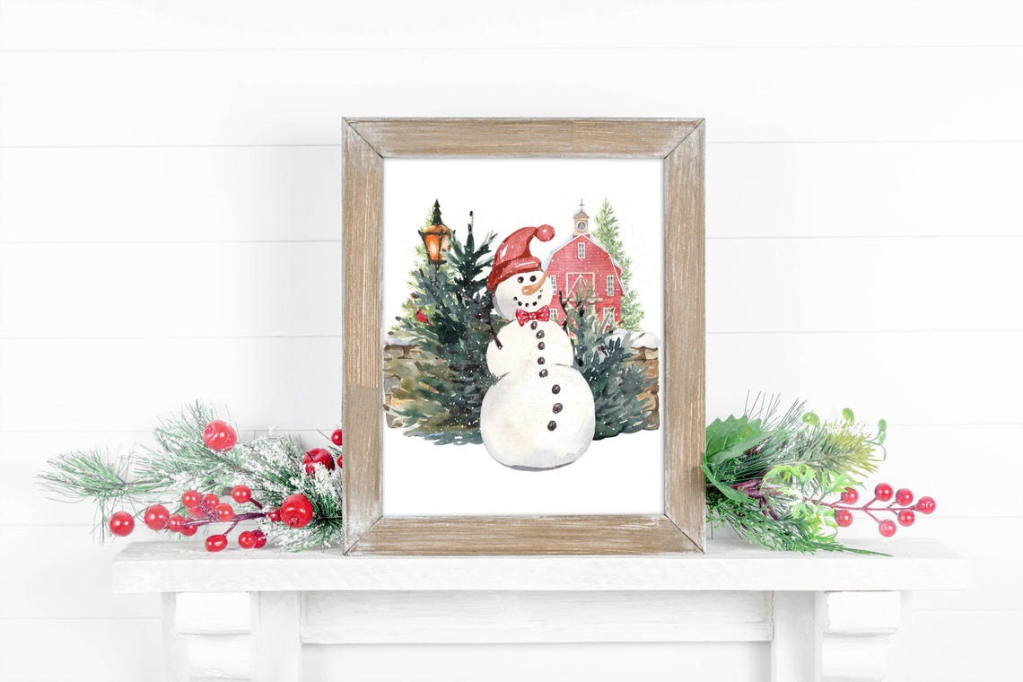 Snowman With Red Hat And Bow Tie Red Barn Winter Watercolor Poster - Image 3