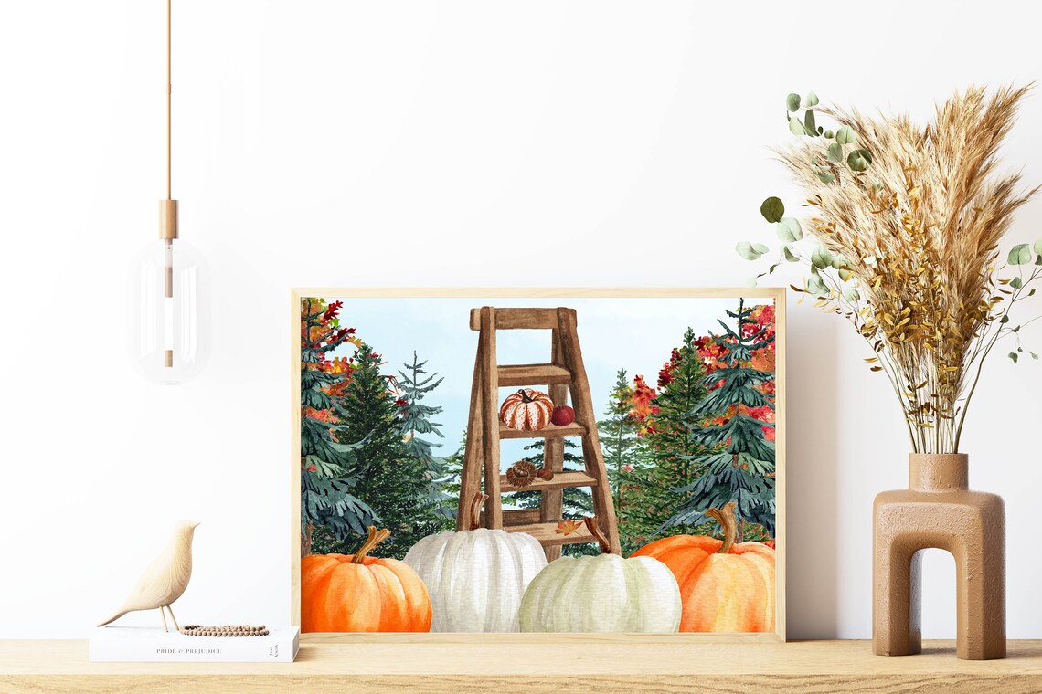 Wooden Ladder with Pumpkins Fall Forest Harvest Scene Wall Poster