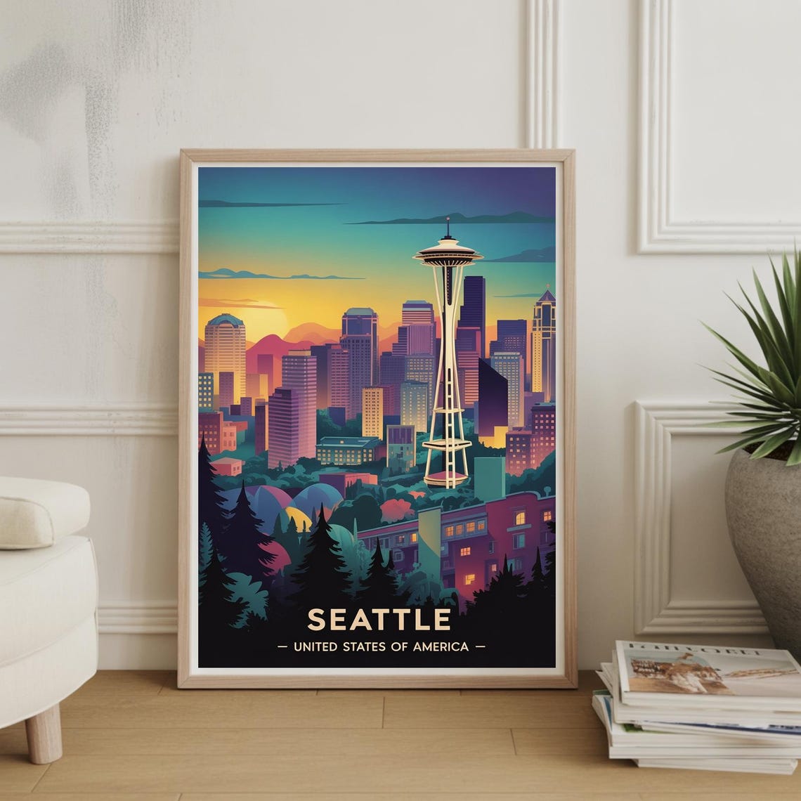 Seattle Skyline Travel Poster Washington Cityscape Wall Decor For Office Home Art Adventure Gift