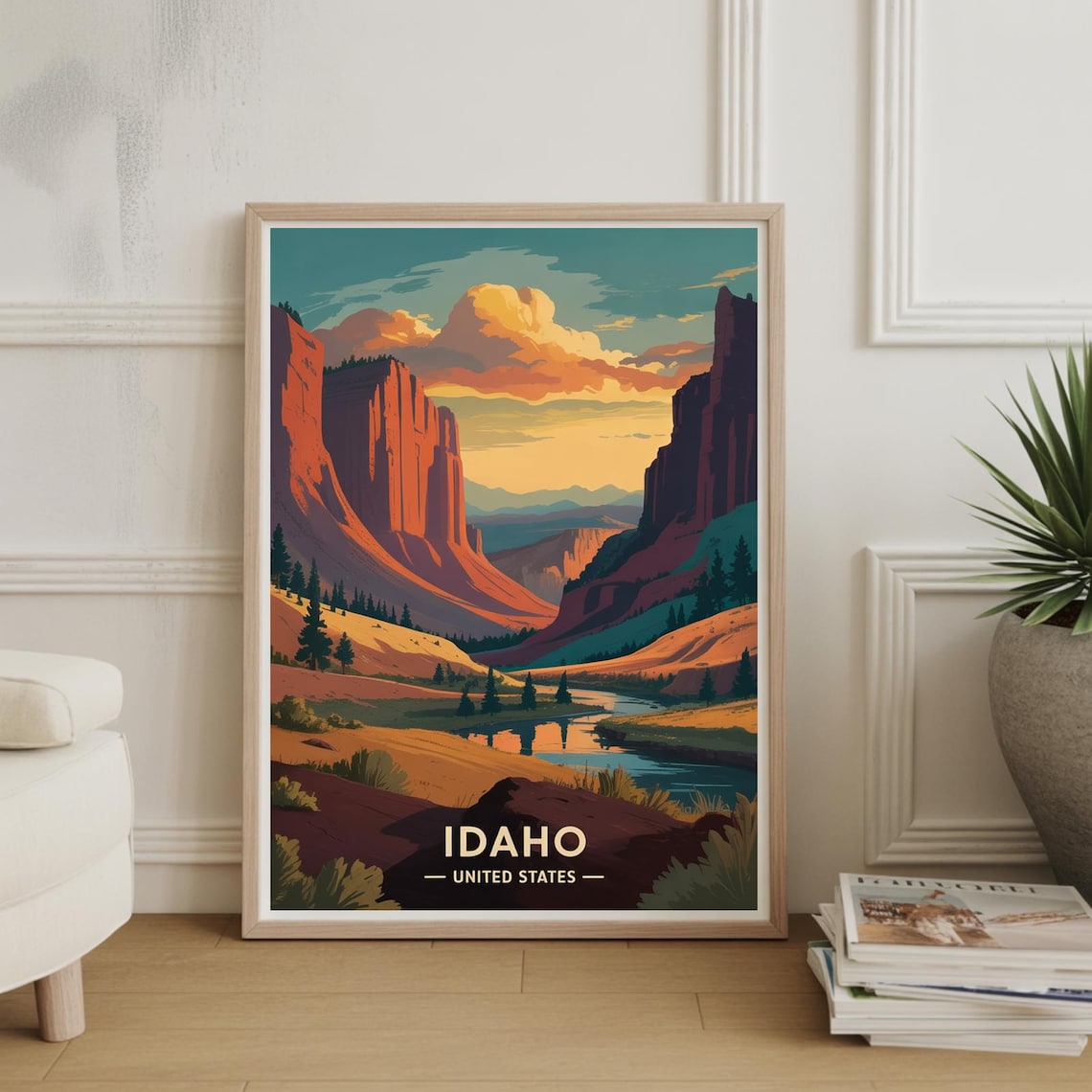 Idaho United States Sunset Canyon River Valley Vintage Travel Poster