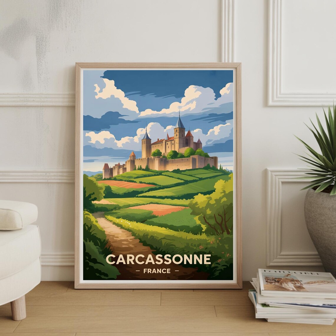 Carcassonne France Medieval Hilltop Castle Countryside Travel Poster