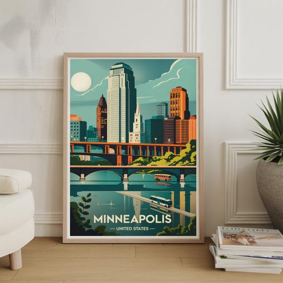 Minneapolis Skyline Art Poster Travel Decor Usa Cityscape Minnesota Wall Unique Wedding Gift Birthday Present Idea