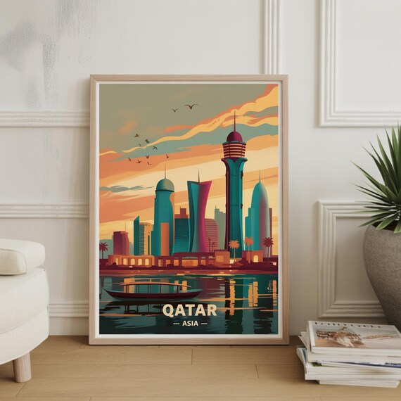 Qatar Sunset Skyline Dhow Boat on Water Retro Asia Travel Poster