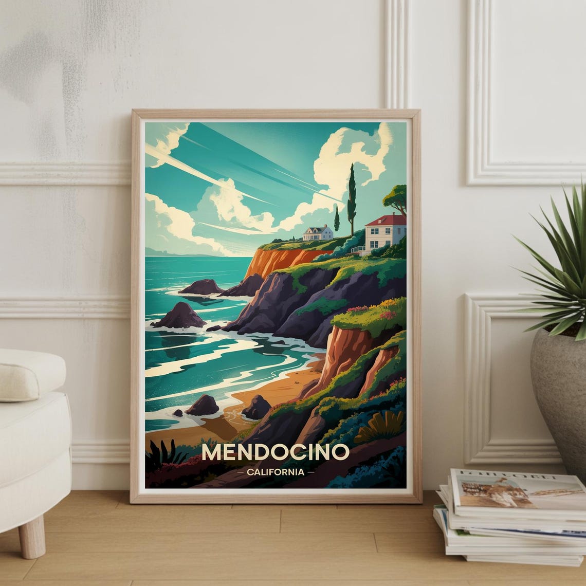 Mendocino California Coastal Cliffs Beach Vintage Travel Poster