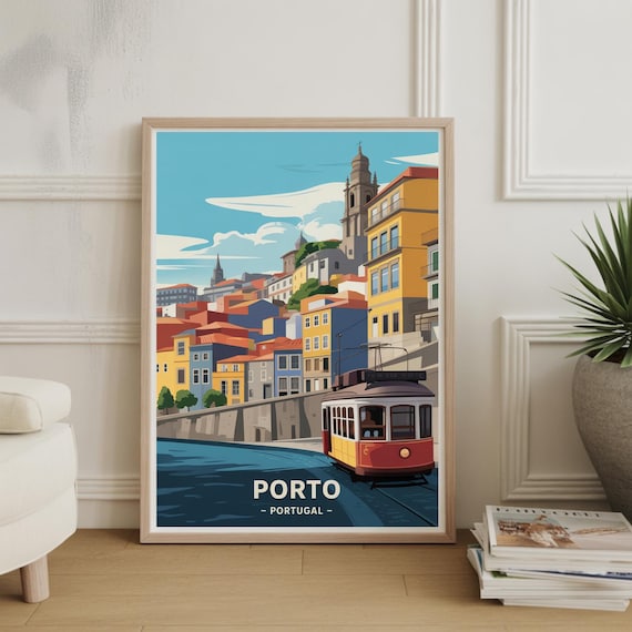 Porto Portugal Vintage Tram Riverside Old Town Travel Art Poster