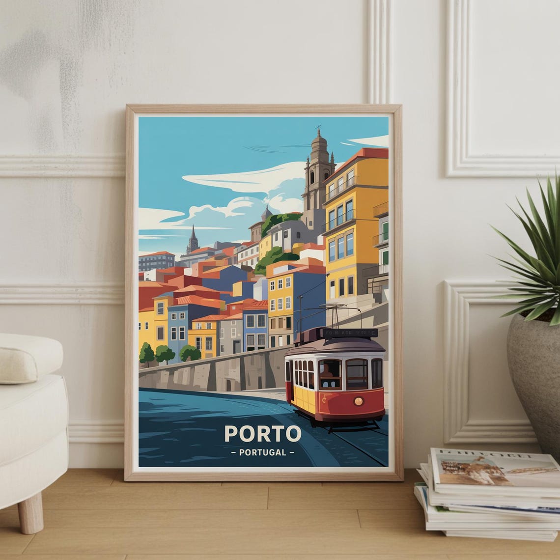 Porto Portugal Vintage Tram Riverside Old Town Travel Art Poster