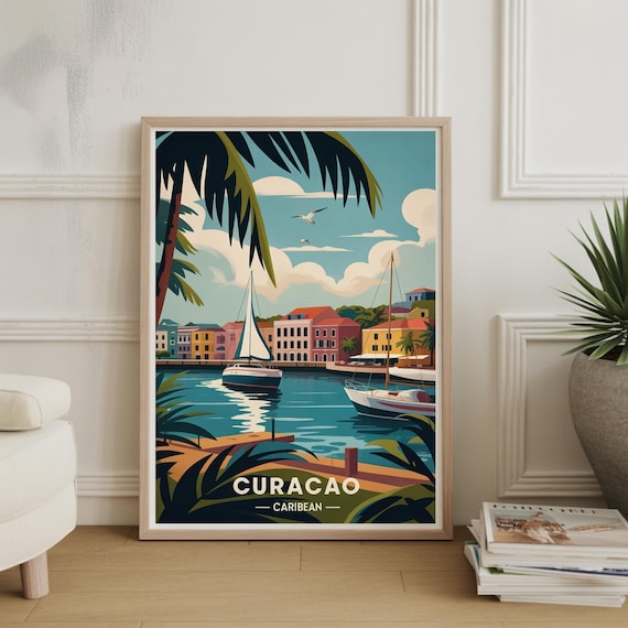 Curacao Caribbean Harbor Sailboats Colorful Waterfront Retro Travel Poster