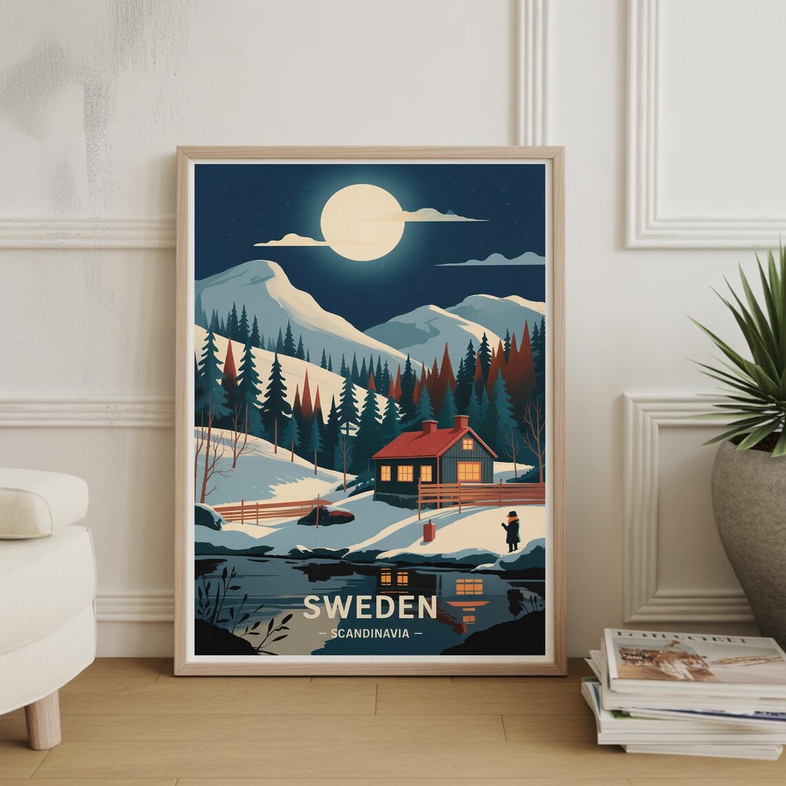 Sweden Scandinavia Moonlit Snowy Winter Cabin Vintage Travel Poster