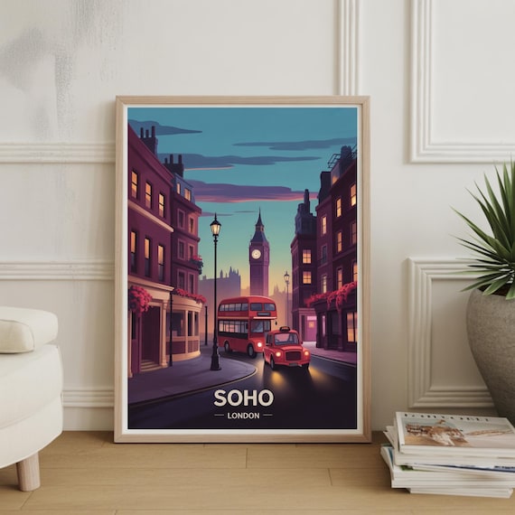 Soho London Evening Street Big Ben Double Decker Bus Vintage Travel Poster