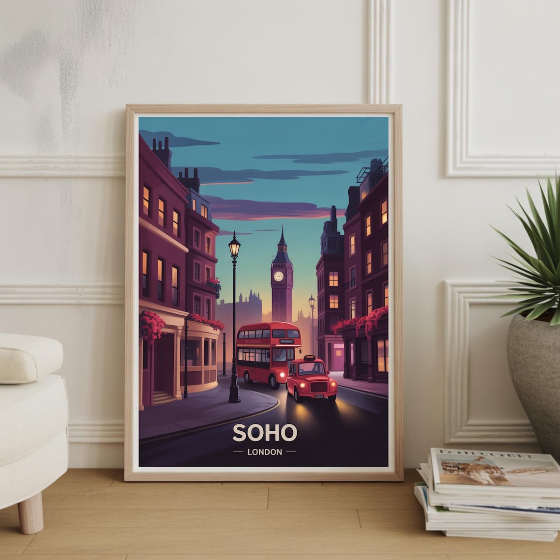 Soho London Evening Street Big Ben Double Decker Bus Vintage Travel Poster