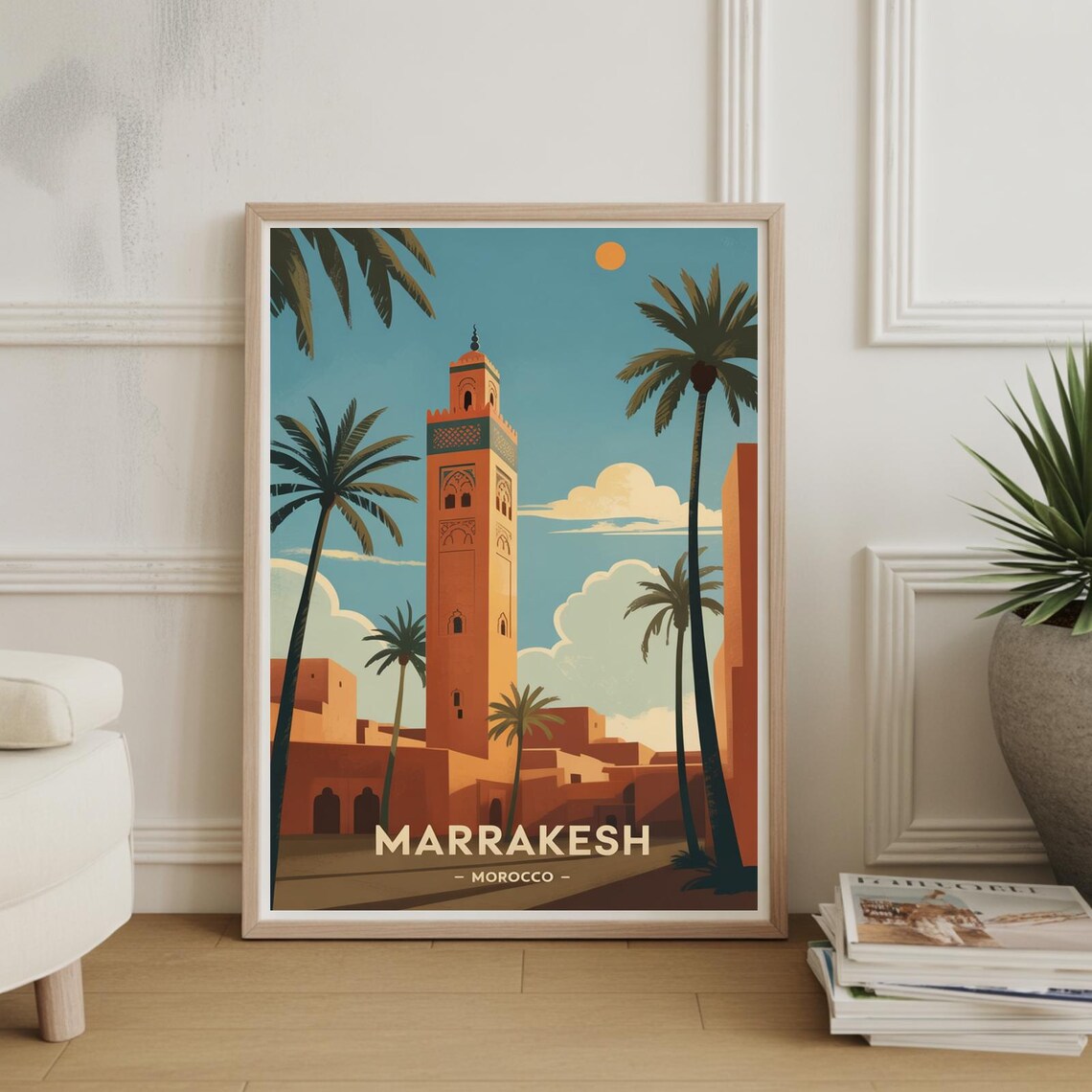 Marrakesh Morocco Koutoubia Minaret Palms Vintage Travel Poster