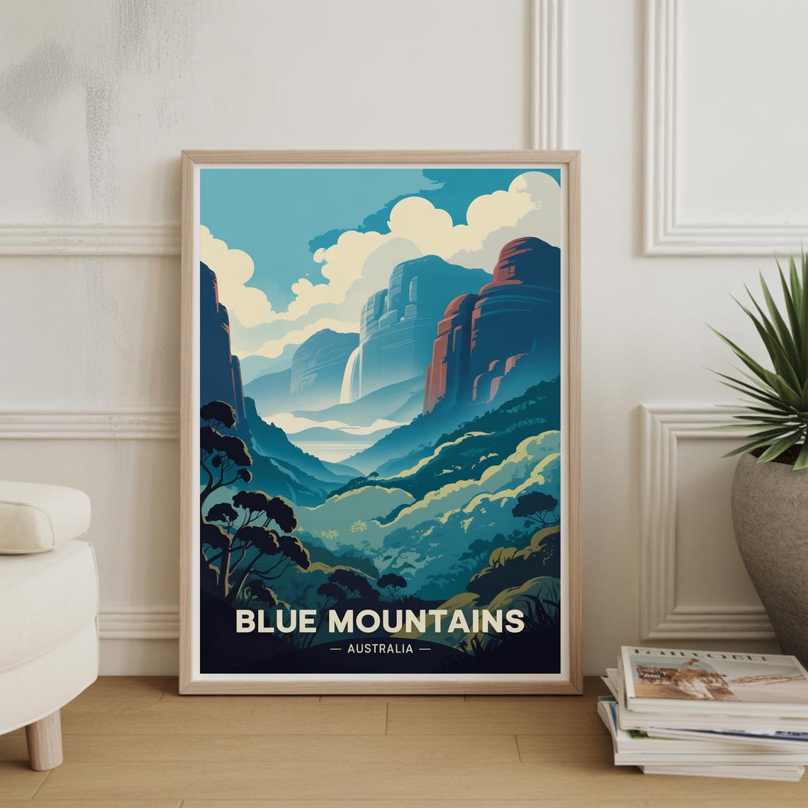 Blue Mountains Australia Scenic Cliffs Waterfall Vintage Travel Poster