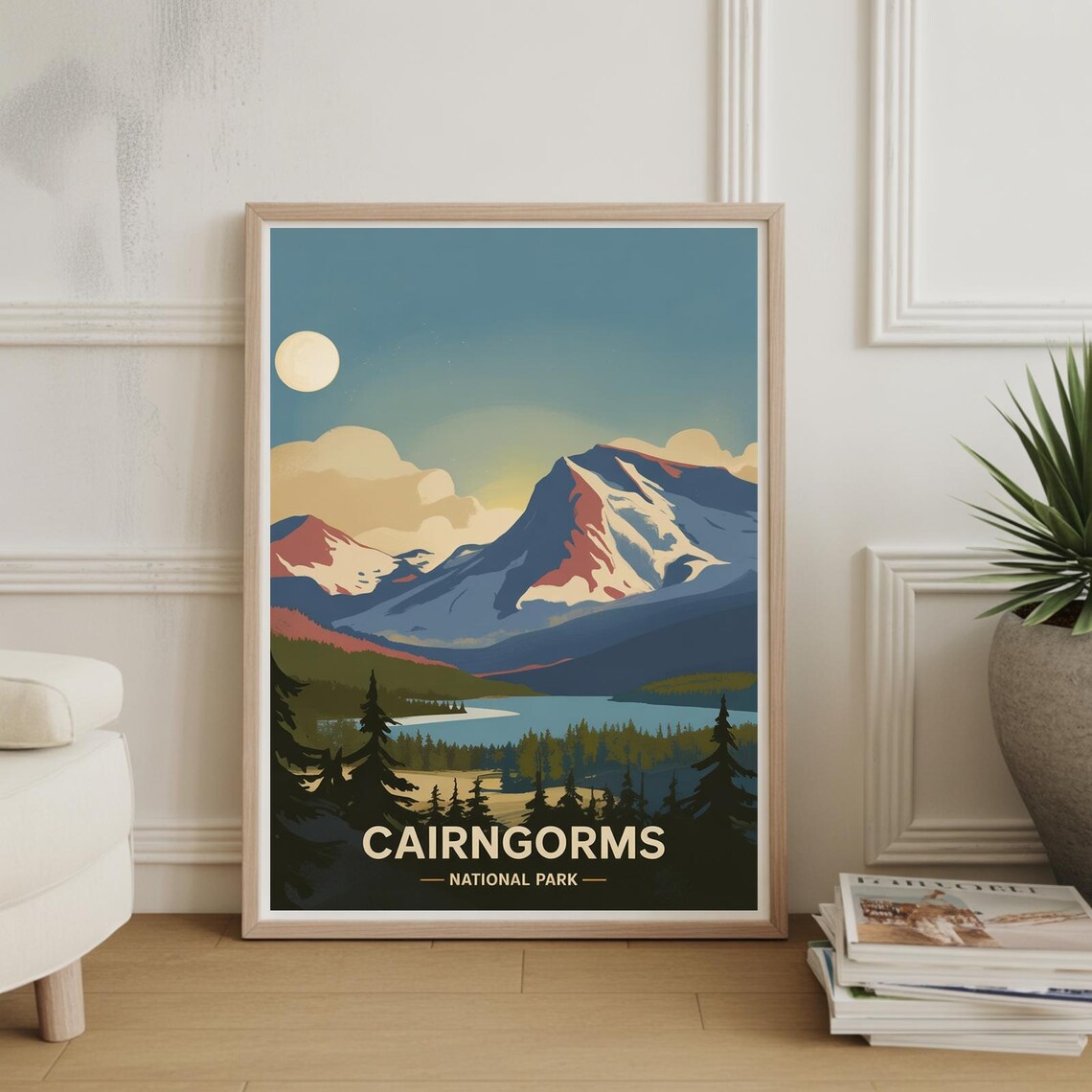 Cairngorms National Park Snowy Mountain Moonlight Retro Travel Poster