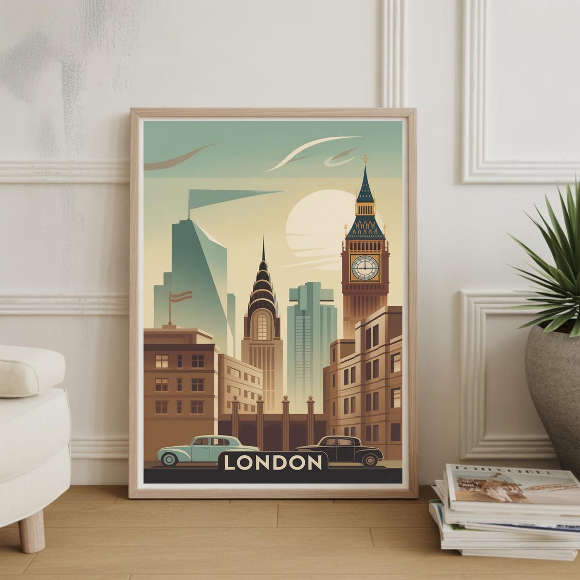 London England Big Ben Classic Cars Vintage Skyline Travel Poster