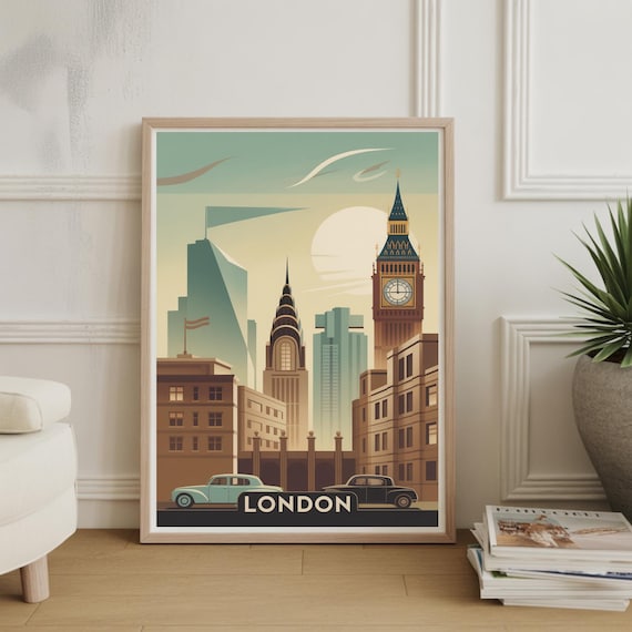 London England Big Ben Classic Cars Vintage Skyline Travel Poster