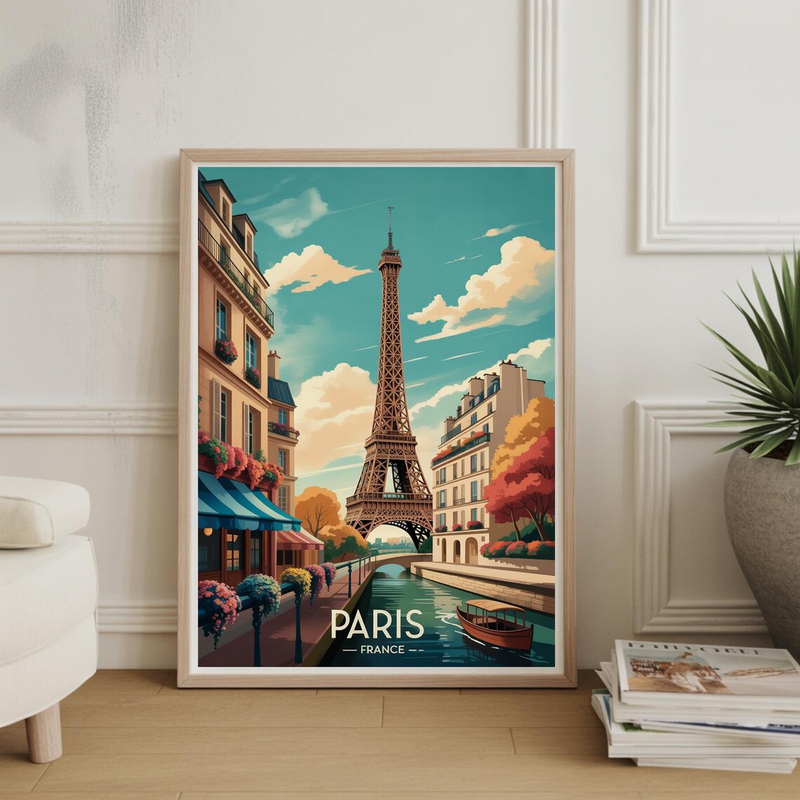 Paris France Eiffel Tower Along The Canal Vintage Travel Poster