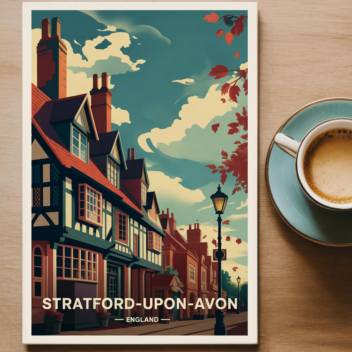 Stratford-upon-Avon England Tudor Street Autumn Vintage Travel Poster