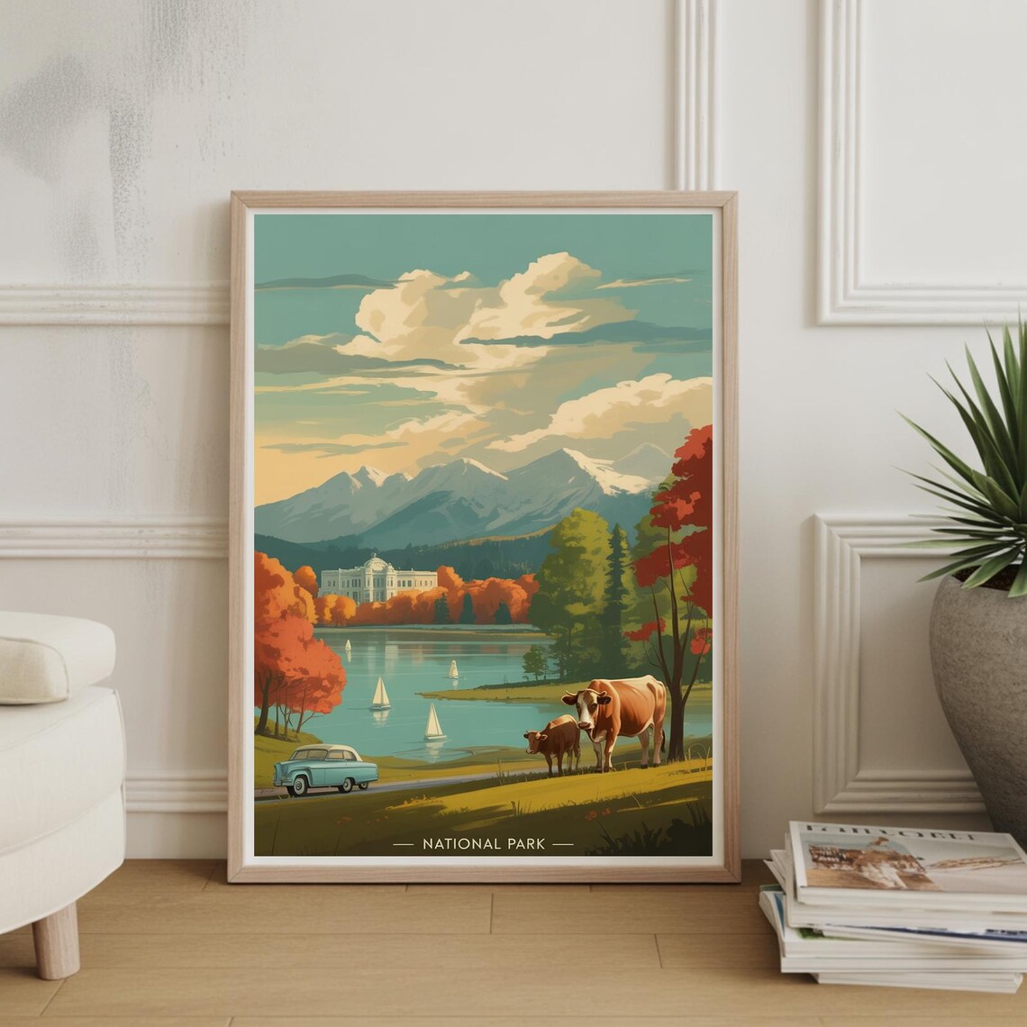 Highland Cow Autumn Lakeside Mountains National Park Travel Poster