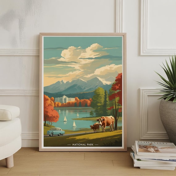 Highland Cow Autumn Lakeside Mountains National Park Travel Poster