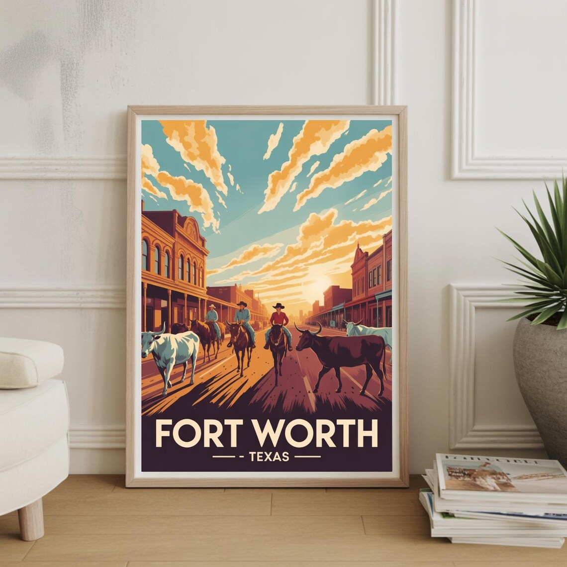 Fort Worth Texas Travel Poster, Mid-Century Modern Landscape