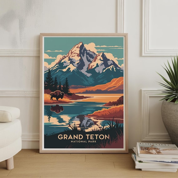 Grand Teton National Park Bison Lake Reflection Mountain Poster