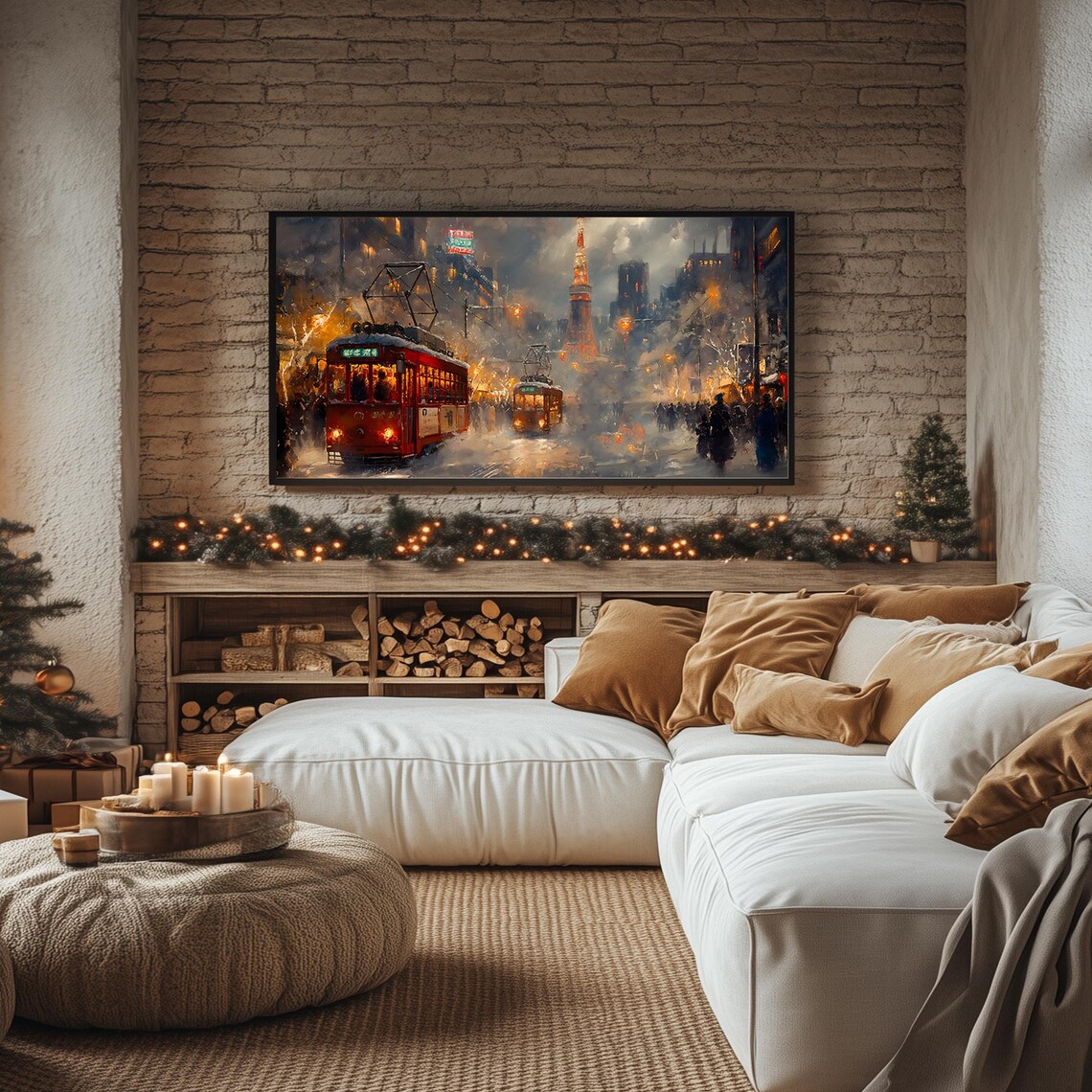 Winter in Tokyo Vintage Street Trams Snowy Tokyo Tower Frame TV Poster - Image 5
