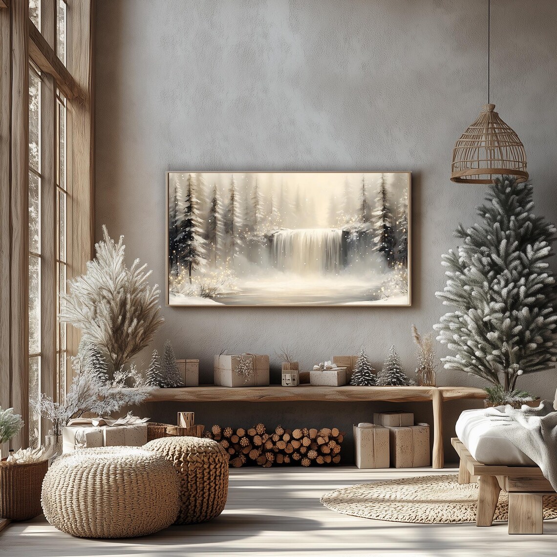 Whispering Winter Cascade Snowy Waterfall Misty Forest Falls Frame TV Poster - Image 2