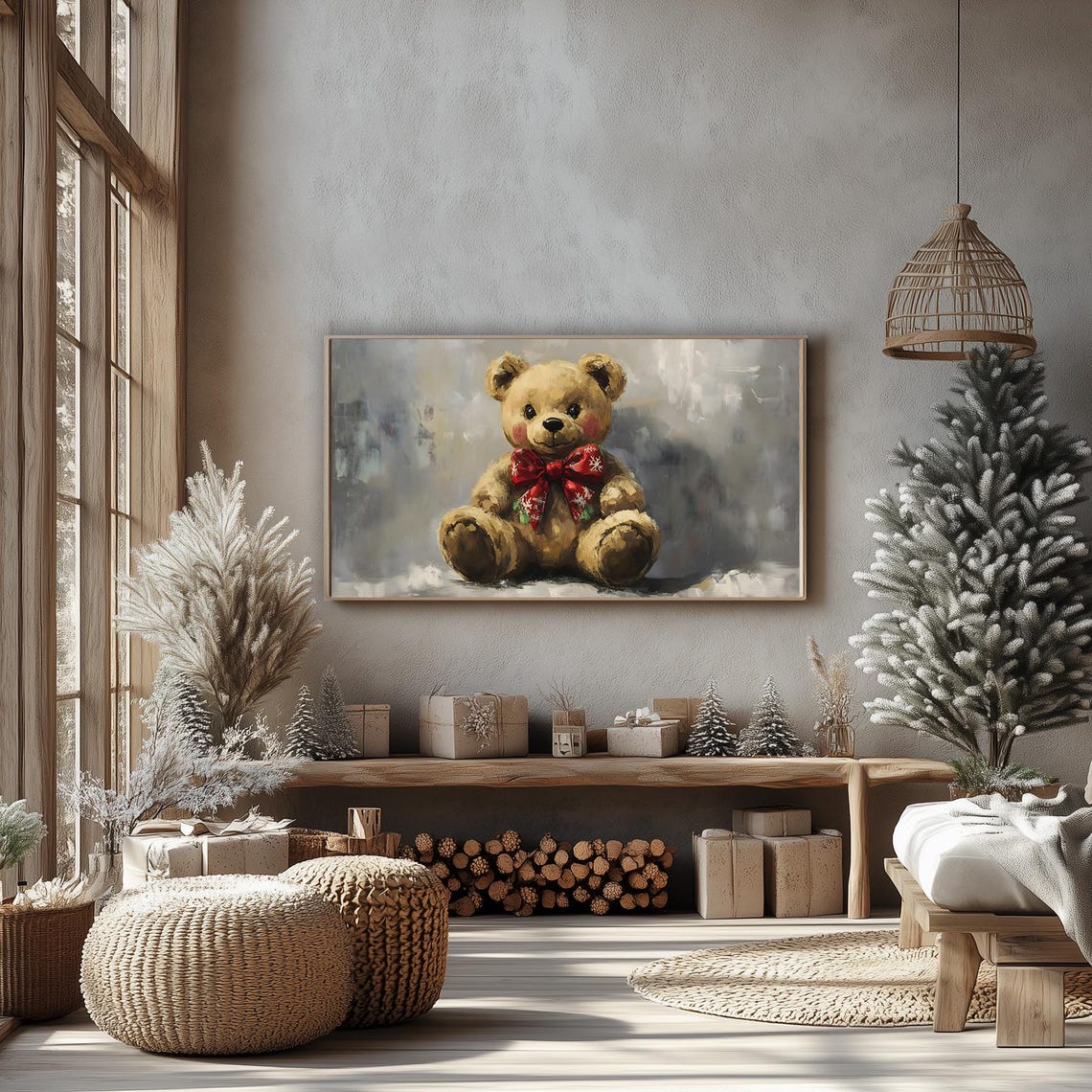 Festive Teddy Bear With Red Bow Snowy Winter Portrait Frame TV Poster - Image 3