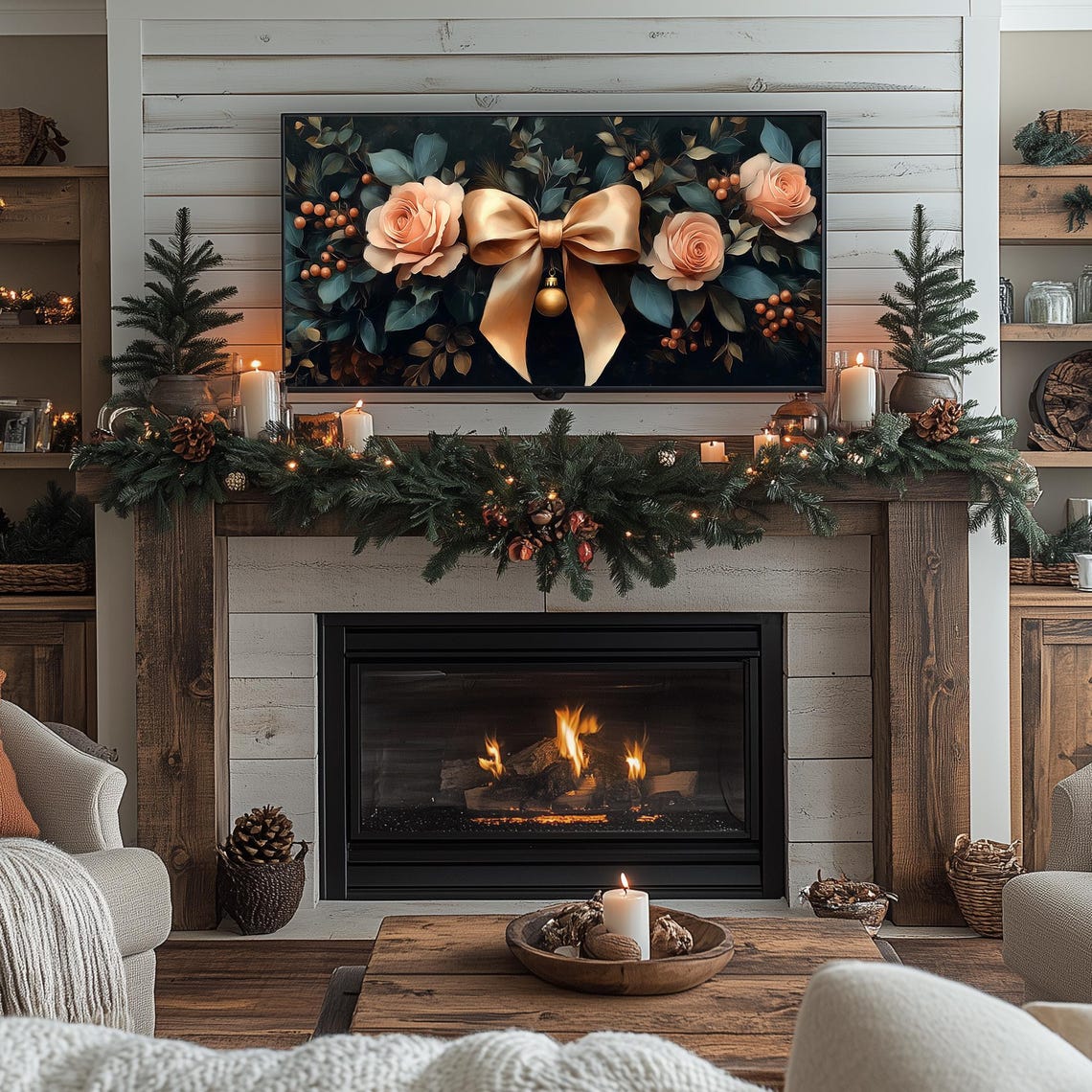 Gold Bow and Roses Christmas Garland Dark Elegant Holiday Poster - Image 2