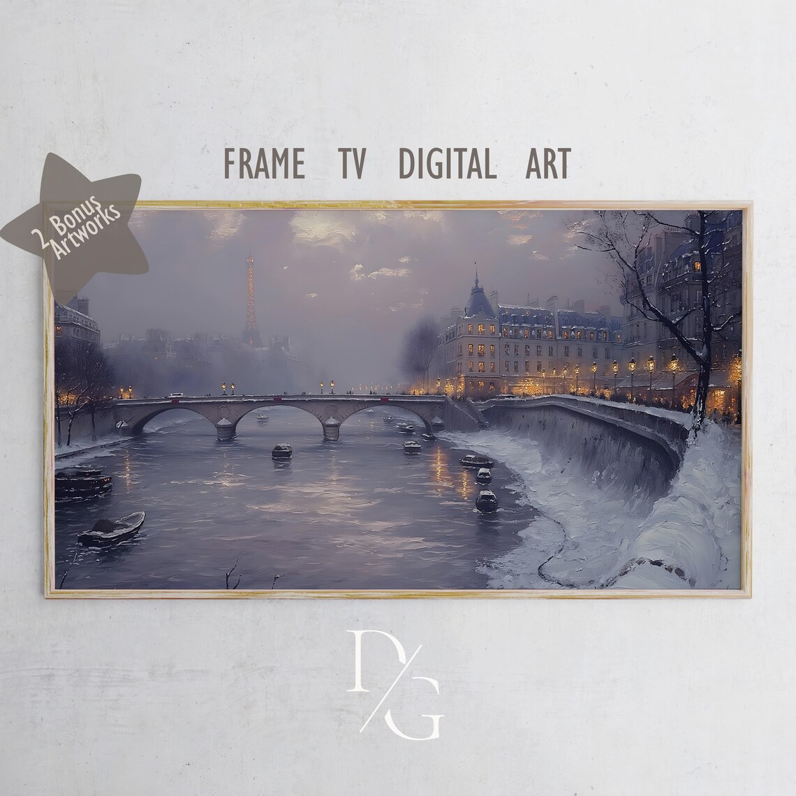 Serene Winter Paris Seine River Eiffel Tower Snowy Banks Frame TV Poster - Image 5
