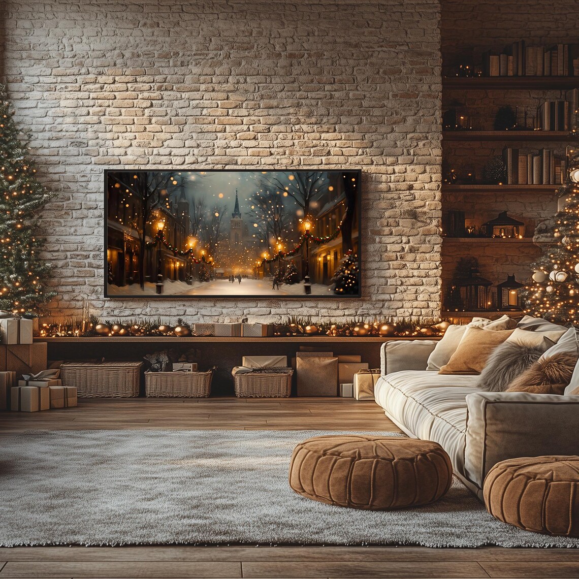 Magical Night Time Winter Street Snowy Town Lantern Glow Frame TV Poster - Image 2