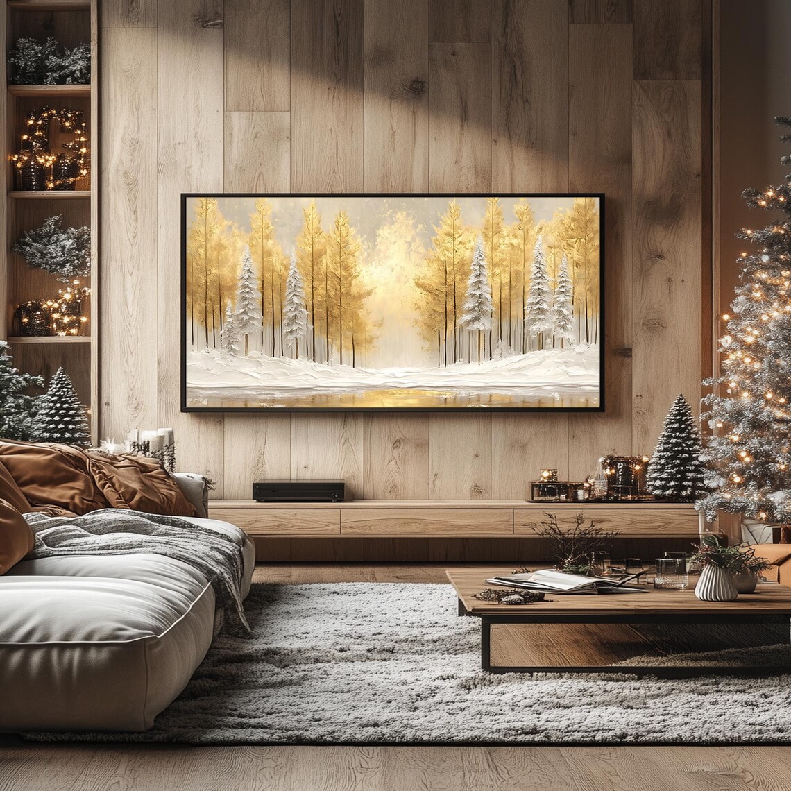 Golden Winter Forest Snowy Birch Trees Warm Light Woodland Frame TV Poster - Image 2