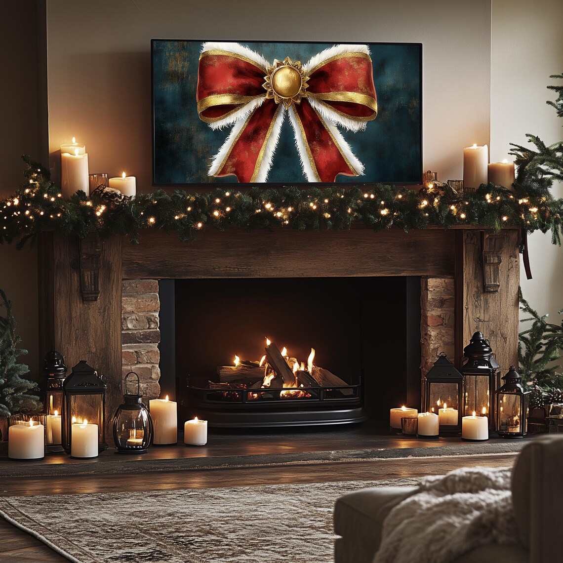 Red Velvet Christmas Bow with Gold Trim on Dark Teal Holiday Poster - Image 3