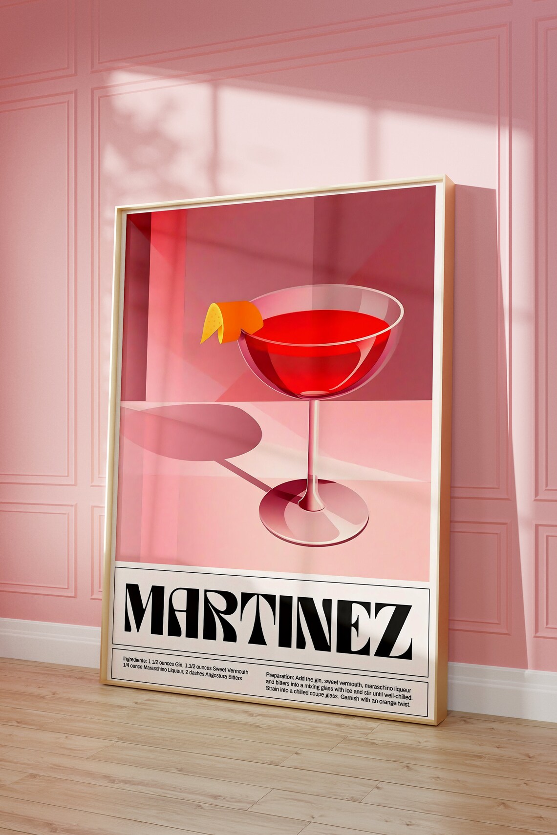 Martinez Cocktail Recipe Pink Coupe Vintage Bar Cart Art Poster - Image 3