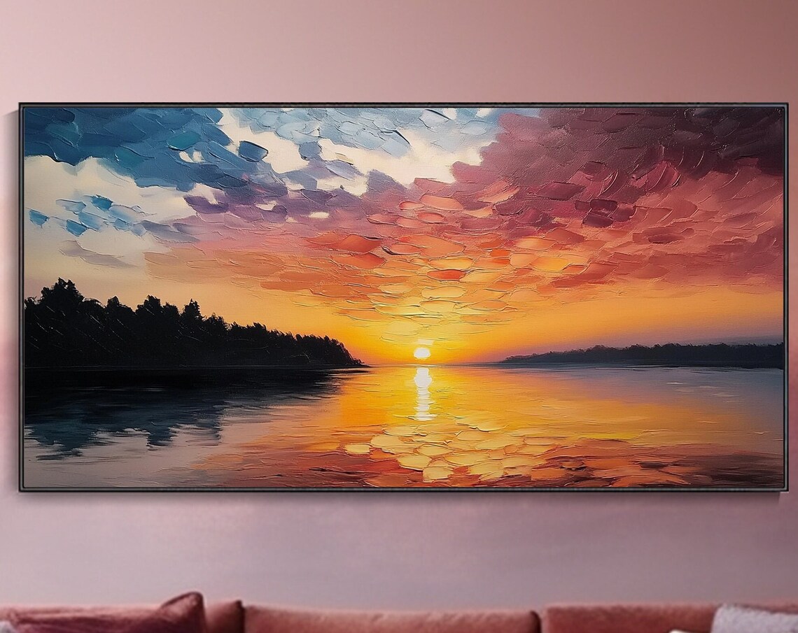 Golden Lake Sunset Reflection Palette Knife Oil Painting Poster