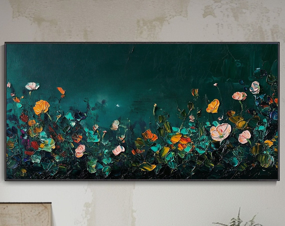 Midnight Emerald Night Floral Garden Original Impasto Oil Poster