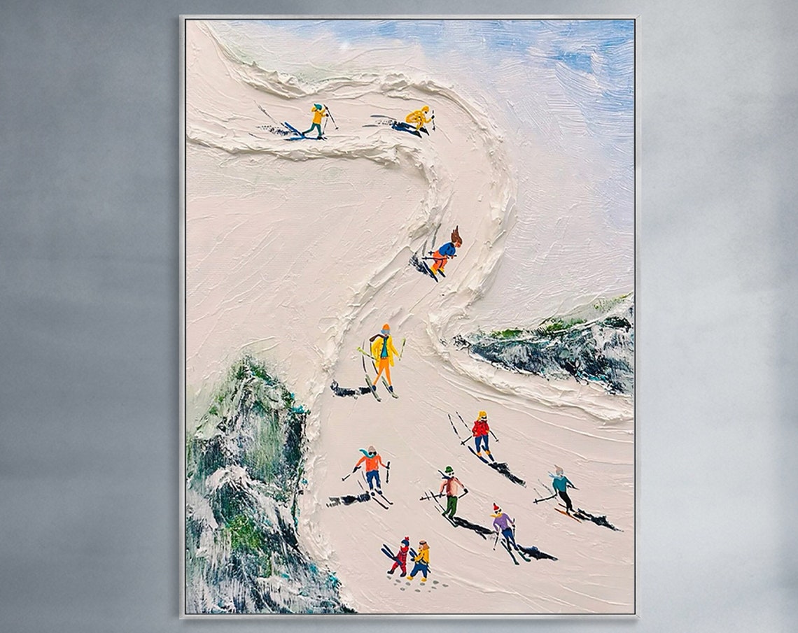 Tiny Skiers Snowy Slope Aerial White Texture Oil Painting Poster